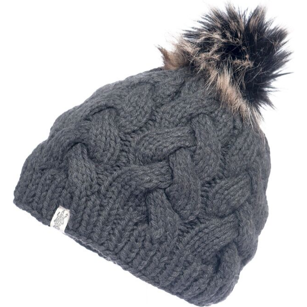 Nirvanna Designs Boheme Cable Beanie W/ Faux Fur Pom In Smoke