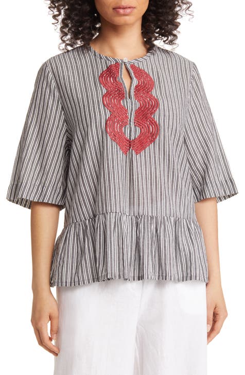 Dulcet Embroidered Stripe Cotton Peplum Blouse