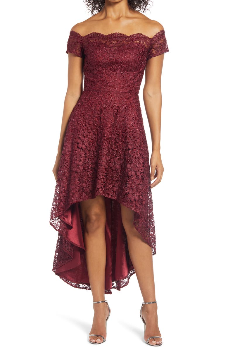 Chi Chi London Penna Crochet Off the Shoulder High/Low Dress, Main, color, 