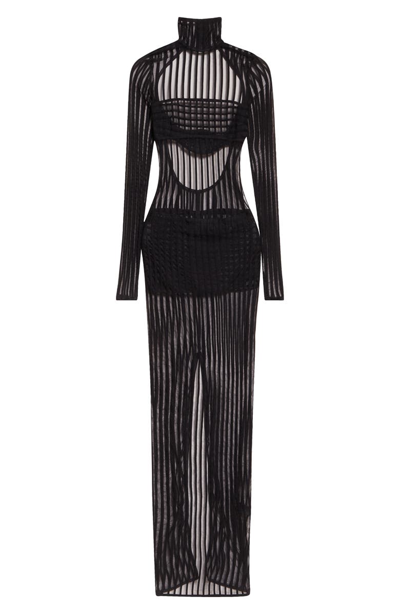 LaQuan Smith Stripe Long Sleeve Open Back Maxi Dress, Alternate, color, Black