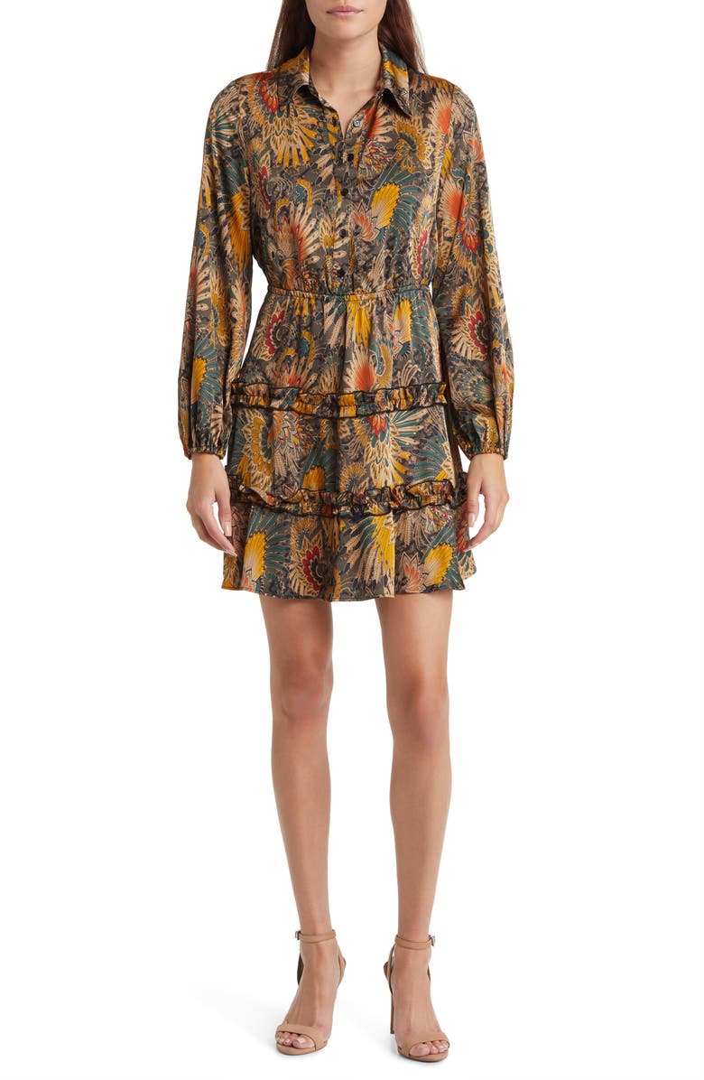 Sam Edelman Fall Feather Long Sleeve Mini Shirtdress, Main, color, Brown Multi
