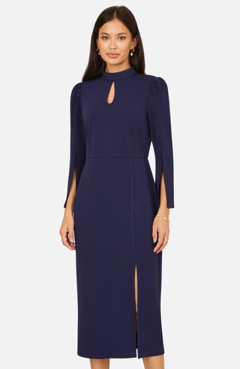 Mock Neck Keyhole Tailored Midi Dress