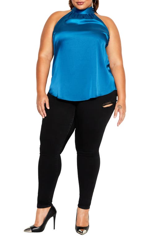 City Chic Shine Sleeveless Satin Top In Blue
