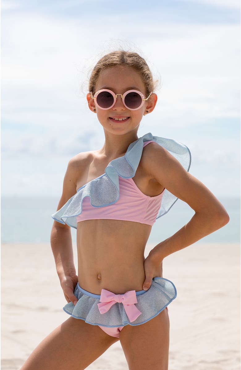 NESSI BYRD Kids' One Shoulder Glitter Ruffle Two-Piece Swimsuit, Alternate, color, Blue-Pink