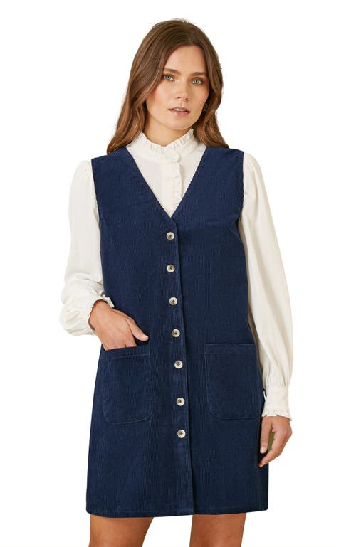 Yumi Cord Button Through Pinafore Dress In Blue
