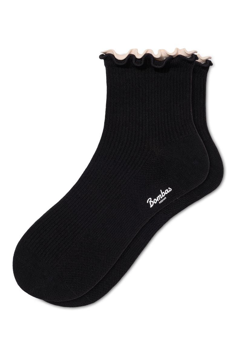 Solid Double Ruffle Lightweight Quarter Socks, Main, color, BLACK RUFFLE