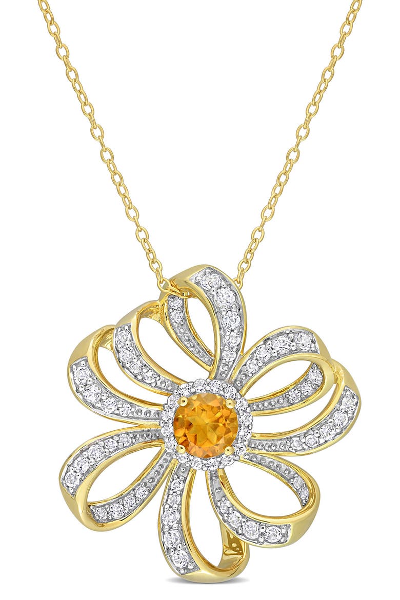 10K Yellow Gold Plated Sterling Silver Madeira Citrine White Topaz Flower Pendant Necklace, Main, color, YELLOW