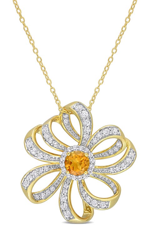 10K Yellow Gold Plated Sterling Silver Madeira Citrine White Topaz Flower Pendant Necklace