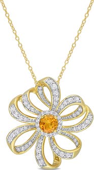 DELMAR 10K Yellow Gold Plated Sterling Silver Madeira Citrine White Topaz Flower Pendant Necklace