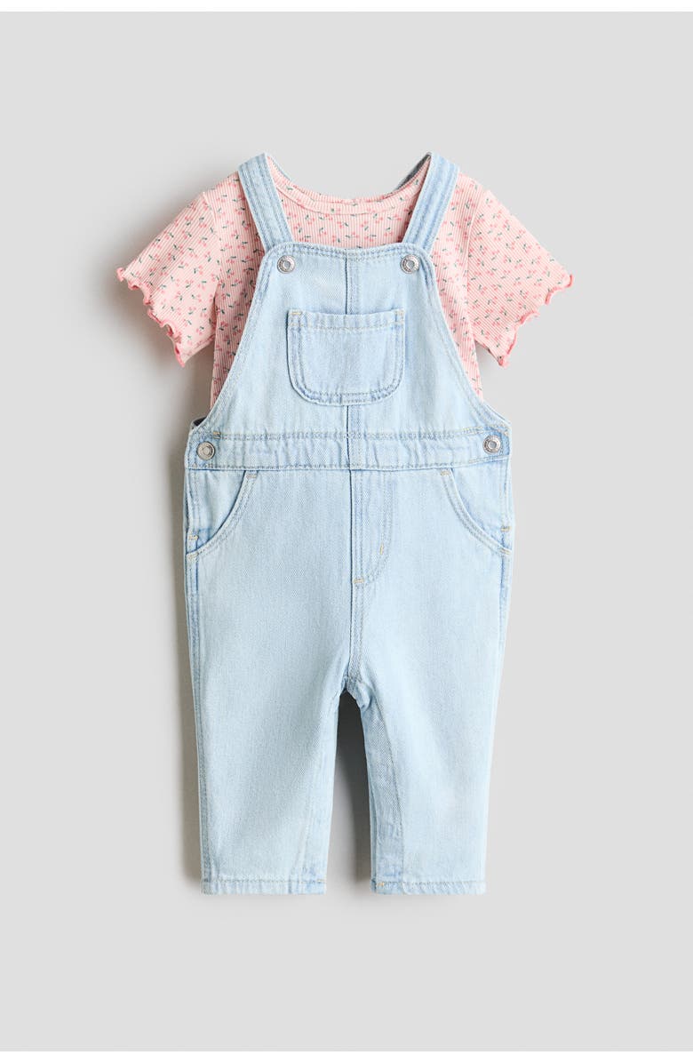 H&M 2-piece Dungarees And Top Set, Main, color, Light Denim Blue/Pink