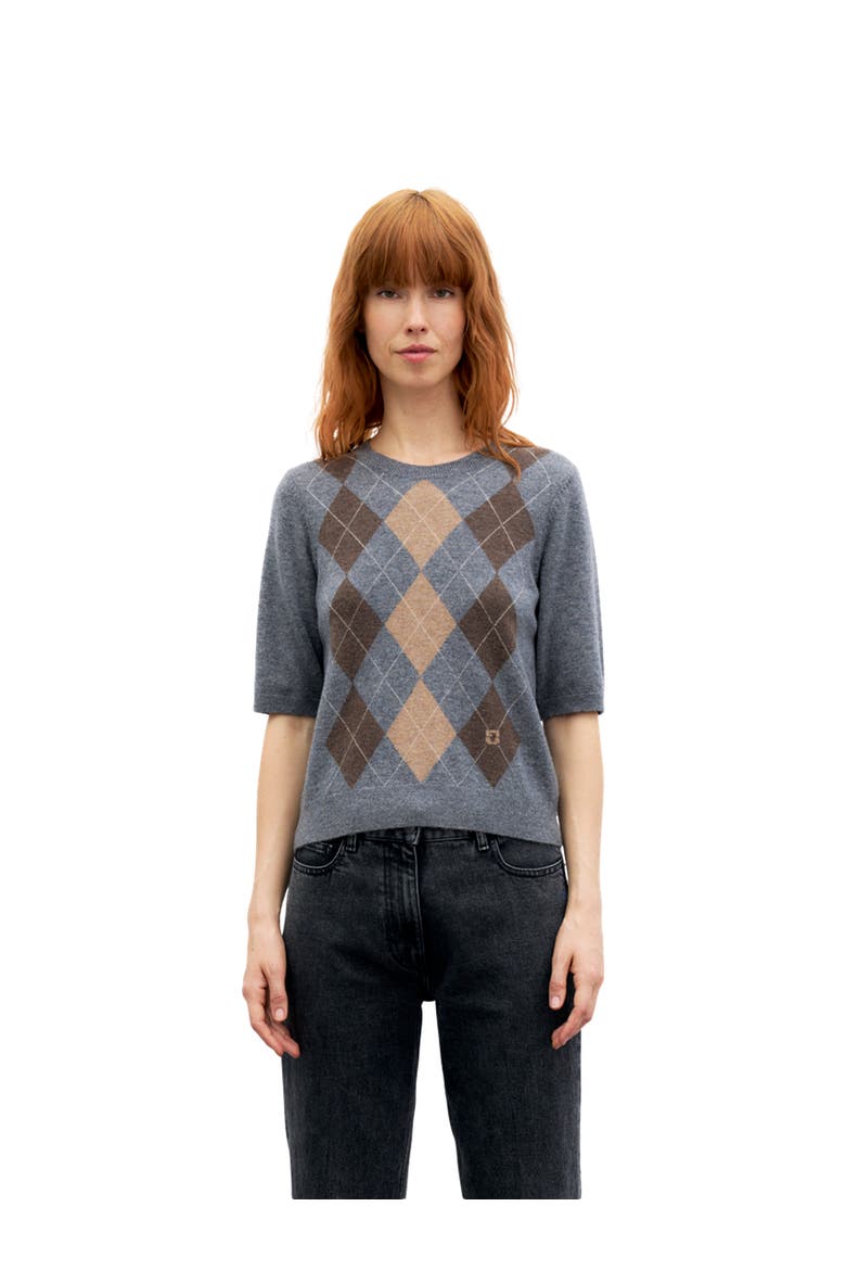 Rema Short Sleeve Argyle Knit Sweater, Main, color, Heather Grey