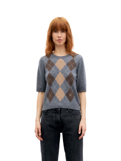 Rema Short Sleeve Argyle Knit Sweater