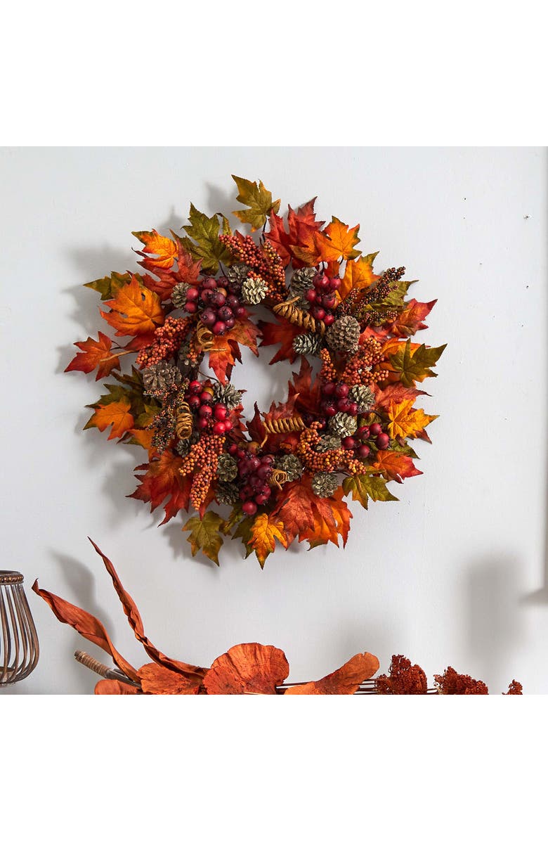 NEARLY NATURAL Maple & Berry Wreath, Alternate, color, Orange