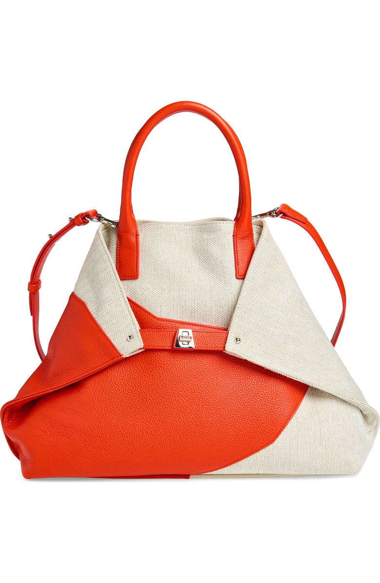 Akris Medium AI Canvas & Leather Convertible Shoulder Tote, Main, color, Orange/Ivory