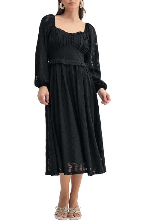 Chevron Stitch Long Sleeve Midi Dress