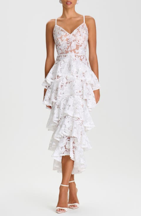 Saffron Lace Ruffle Tiered Cocktail Sheath Dress