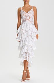 NADINE MERABI Saffron Lace Ruffle Tiered Cocktail Sheath Dress