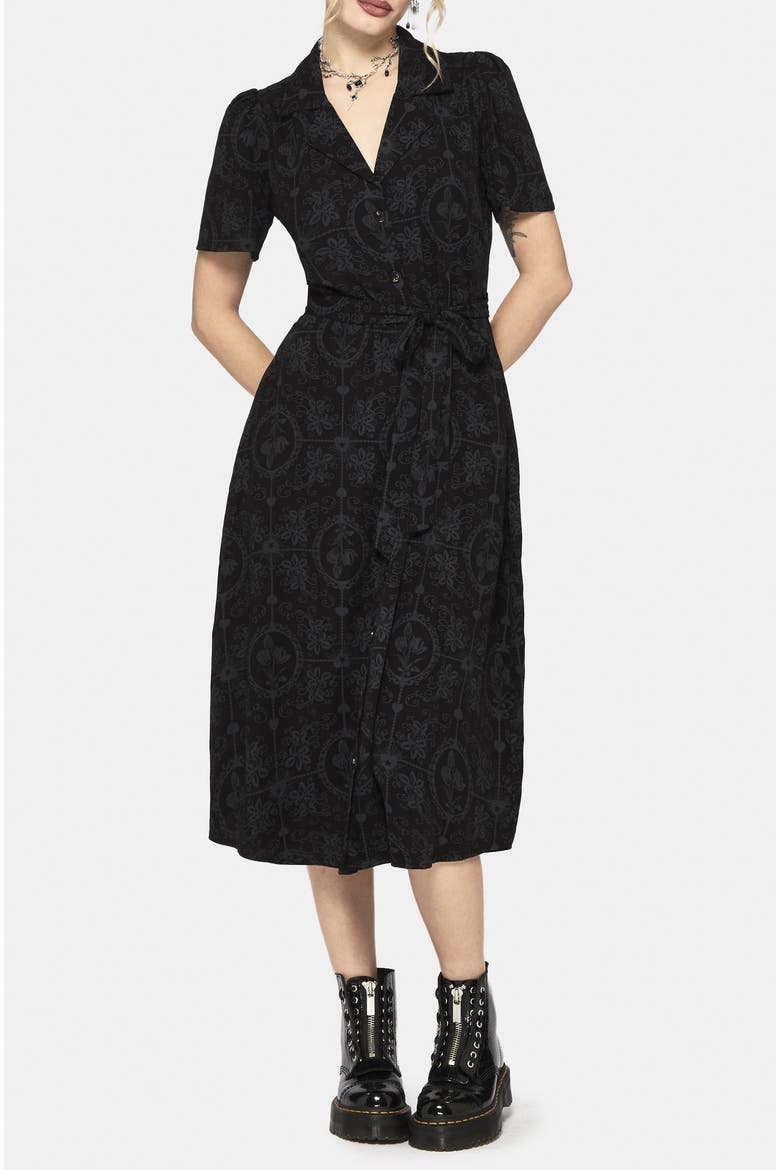 Cameo Floral Tie Belt Midi Shirt Dress, Alternate, color, Black