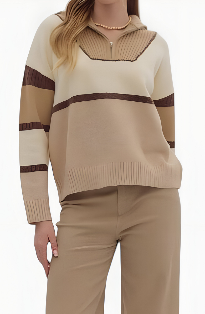 Modenaire Striped Half-Zip Sweater with Ribbed Collar and Long Sleeves, Alternate, color, 