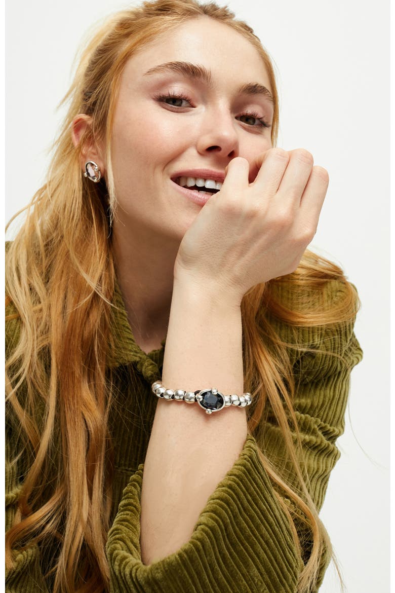 Sterling Silver Plated Ball Elastic Bracelet with Black Faceted Crystal, Alternate, color, Silver