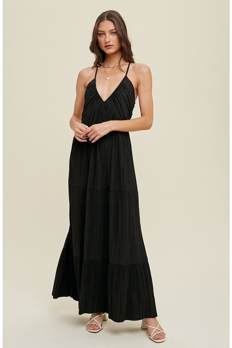 Pleated Satin Maxi Dress, Alternate, color, BLACK
