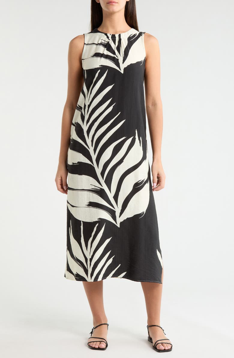 MELLODAY Palm Print Sleeveless Shift Midi Dress, Main, color, Black Bone Leaf
