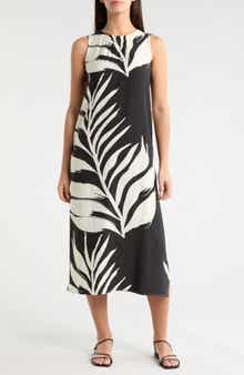 Palm Print Sleeveless Shift Midi Dress