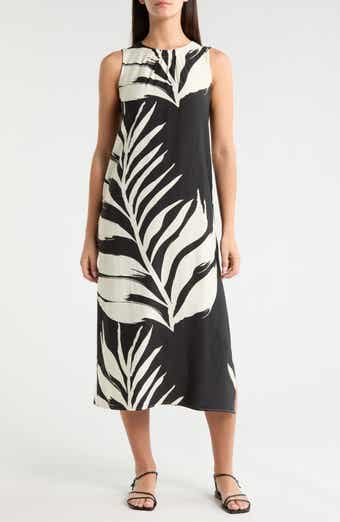 Palm Print Sleeveless Shift Midi Dress