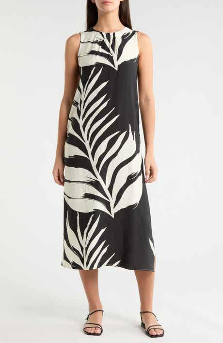Palm Print Sleeveless Shift Midi Dress