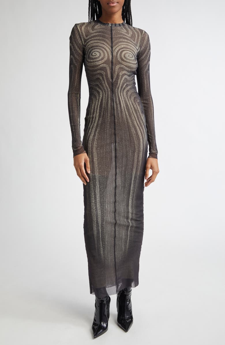 Jean Paul Gaultier Spiral Long Sleeve Mesh Dress, Main, color,