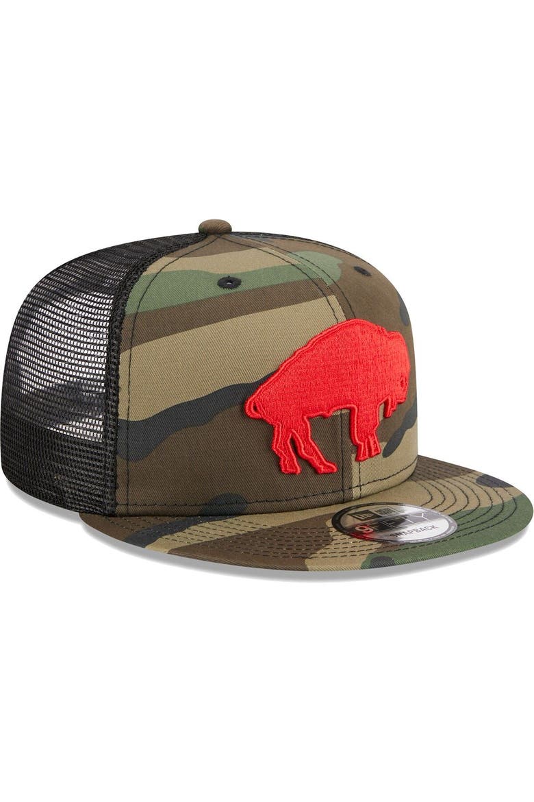 Men's New Era Camo Buffalo Bills Throwback Main Trucker 9FIFTY Snapback Hat, Alternate, color, Camo
