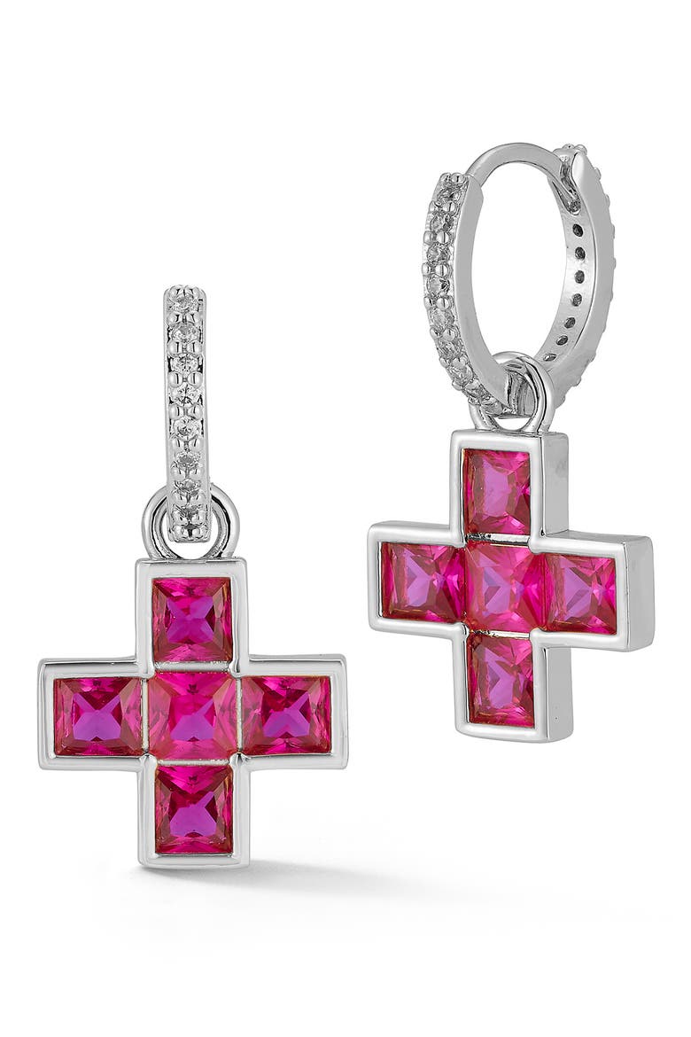 Cubic Zirconia Cross Drop Huggie Hoop Earrings, Main, color, SILVER