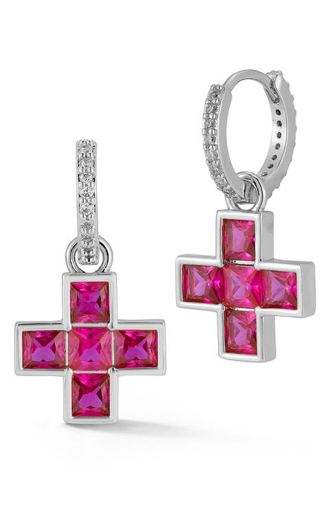 Cubic Zirconia Cross Drop Huggie Hoop Earrings