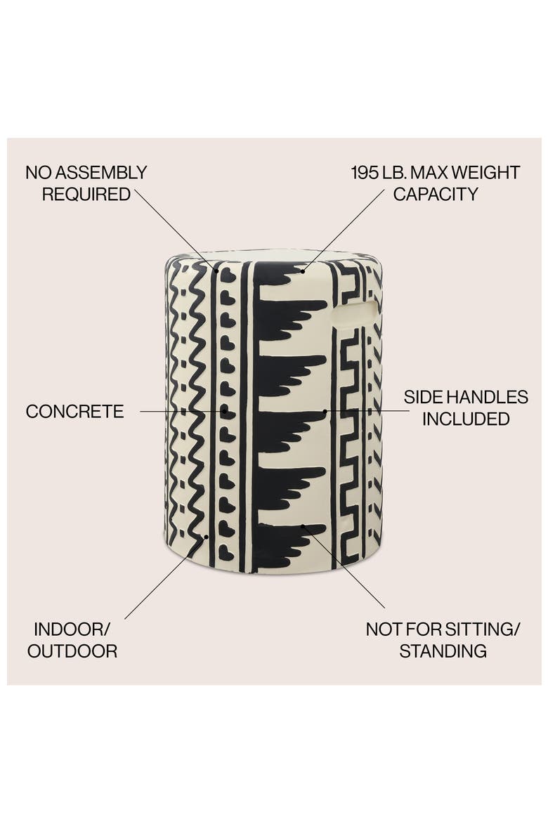 Yoli Bohemian Geometric Concrete Outdoor Garden Stool with Handles, Weatherproof Drum Accent Side Table for Patio & Deck, Alternate, color, Black/Cream