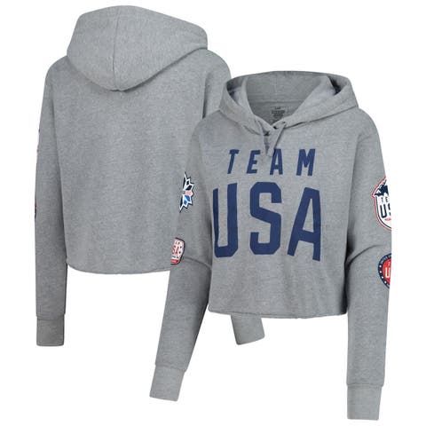 Women's Heather Gray Team USA Flag & Patches Fleece Cropped Pullover Hoodie