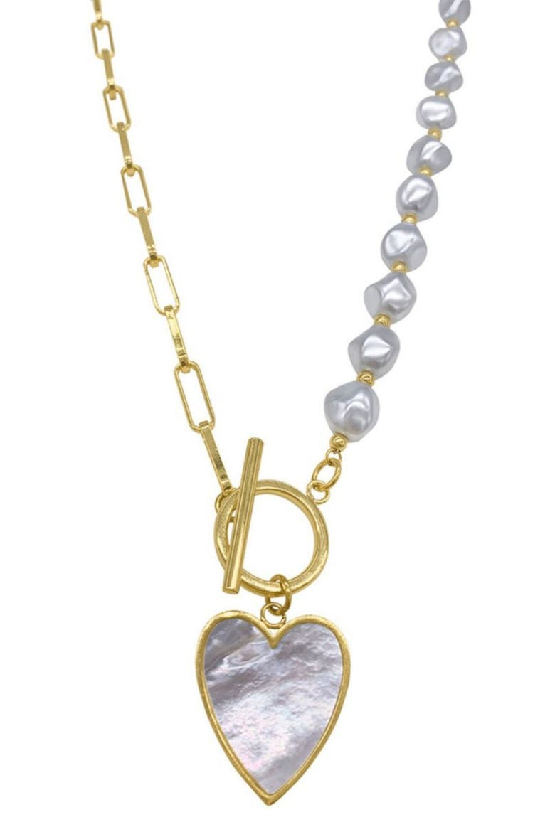 14K Yellow Gold Plated 10mm Pearl Heart Pendant Necklace, Main, color, WHITE