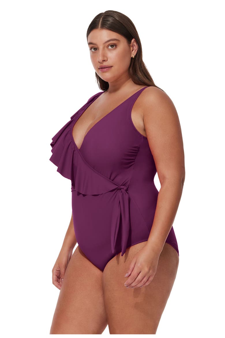 Tutti Frutti Plus Size Ruffle Surplice One Piece, Alternate, color, Wine