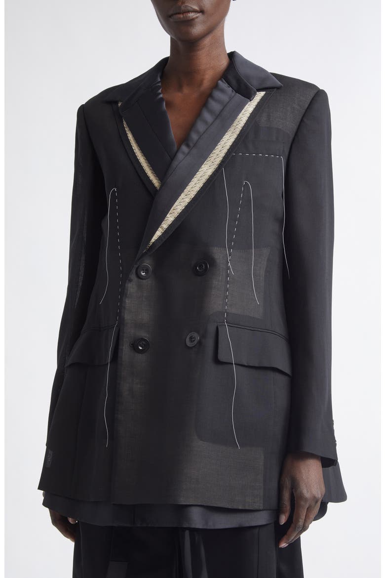Mixed Media Suiting & Organza Jacket with Bib Inset, Alternate, color, BLACK