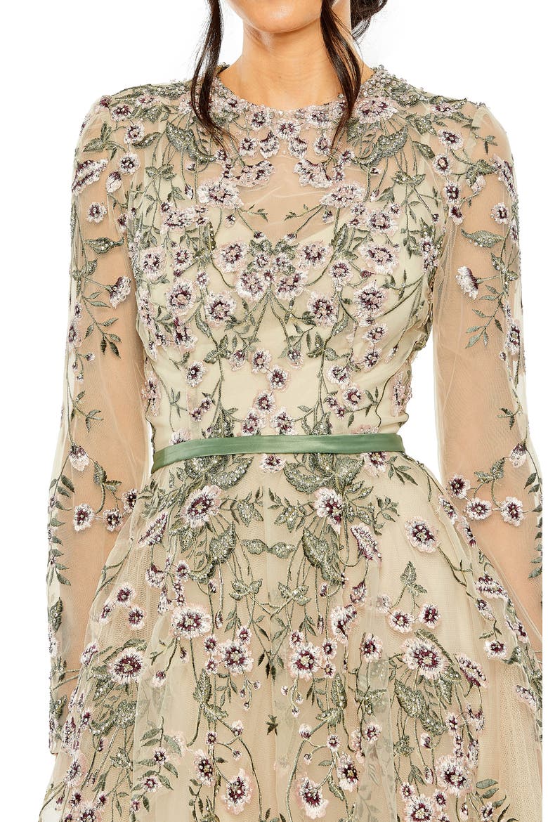 Long Sleeve Embellished Gown, Alternate, color, SAGE MULTI