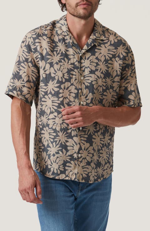 Bloom Print Short Sleeve Linen Button-Up Shirt