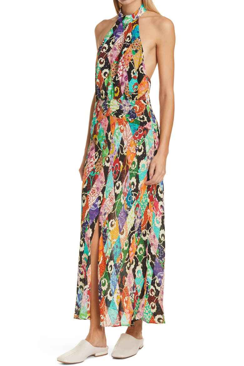 Kendra Metallic Fiber Pattern Mix Halter Neck Backless Maxi Dress, Alternate, color, PATCHWORK