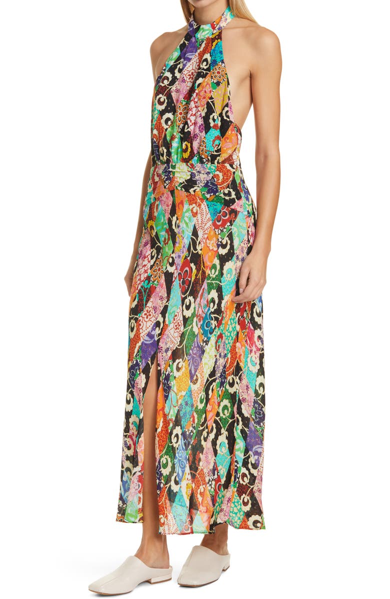 RIXO Kendra Metallic Fiber Pattern Mix Halter Neck Backless Maxi Dress, Alternate, color, 