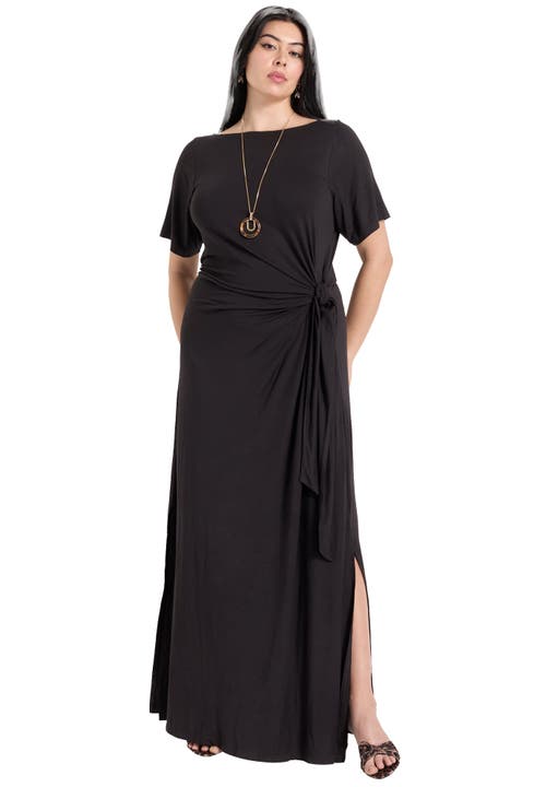 June + Vie Boatneck Gathered Maxi Dress In Black