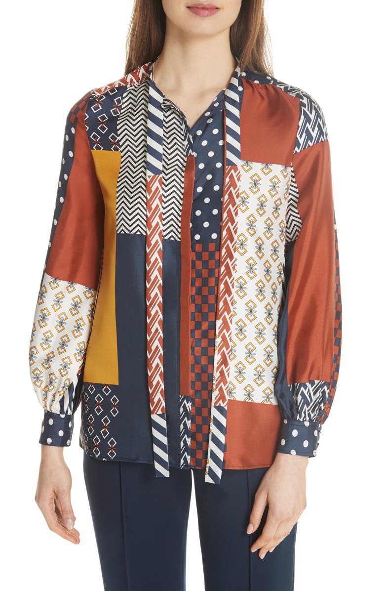 Tory Burch Vivian Patchwork Silk Top, Main, color, 