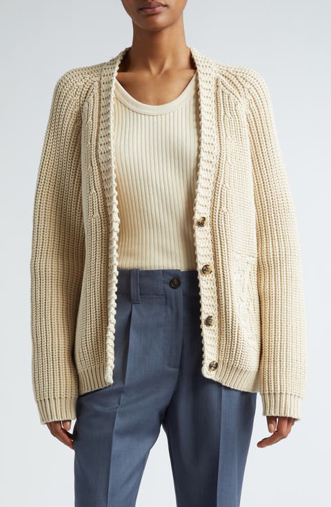 Cardigan in aged white cotton with gold button fastening