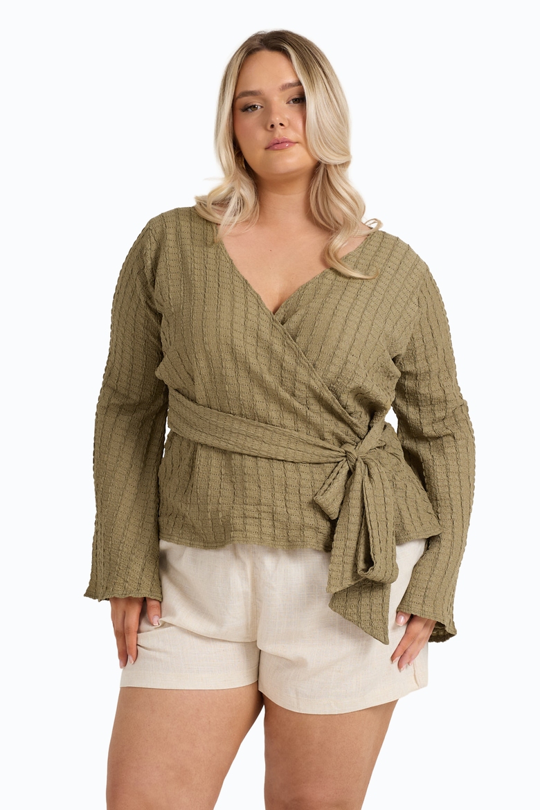Wrap Front Belted Top, Alternate, color, Khaki