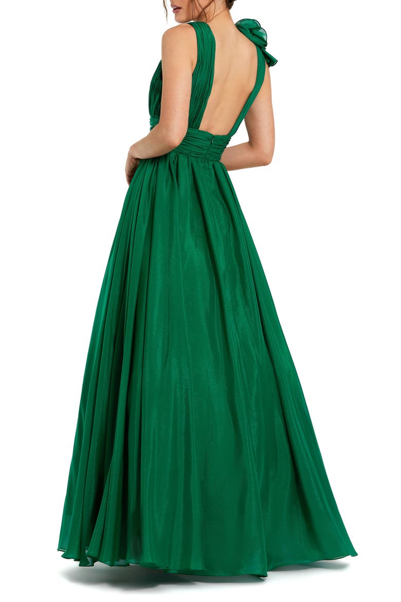 Petite Ruffle Shoulder V-Neck Chiffon Gown, Alternate, color, Emerald