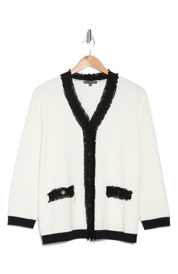 ADRIANNA PAPELL ADRIANNA PAPELL FRAYED EDGE COLORBLOCK CARDIGAN 