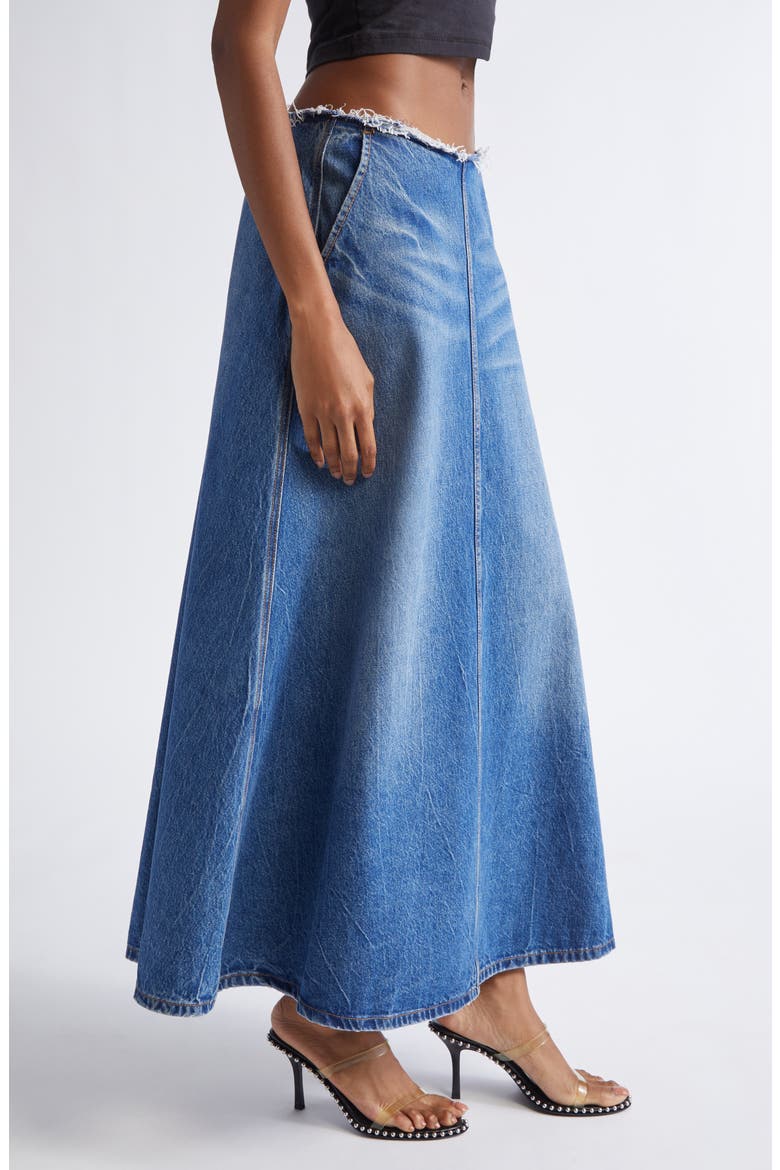Raw Cut Waist Low Rise Denim A-Line Skirt, Alternate, color, VINTAGE MARBLED BLUE
