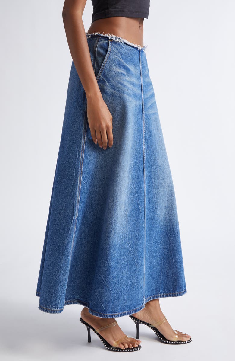 Alexander Wang Raw Cut Waist Low Rise Denim A-Line Skirt, Alternate, color, Vintage Marbled Blue